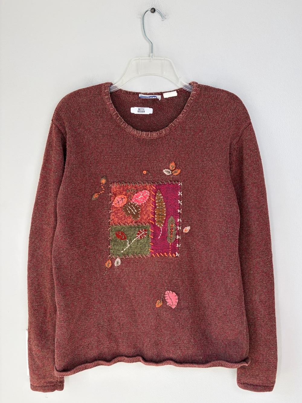 Erika & Co Brick Artsy Autumnal Patchwork Crewneck Knit Sweater Fall Autumn
